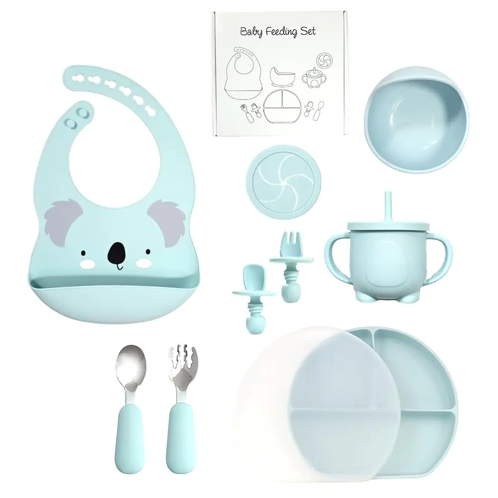 BY FOREV Silicone Baby Feeding Set Baby Led Weaning Supplies with Suction Bowl Divided Plate Toddler Self Feeding Dish Set with Spoons Forks Sippy Cup Adjustable Bib Eating Utensils (Blue)