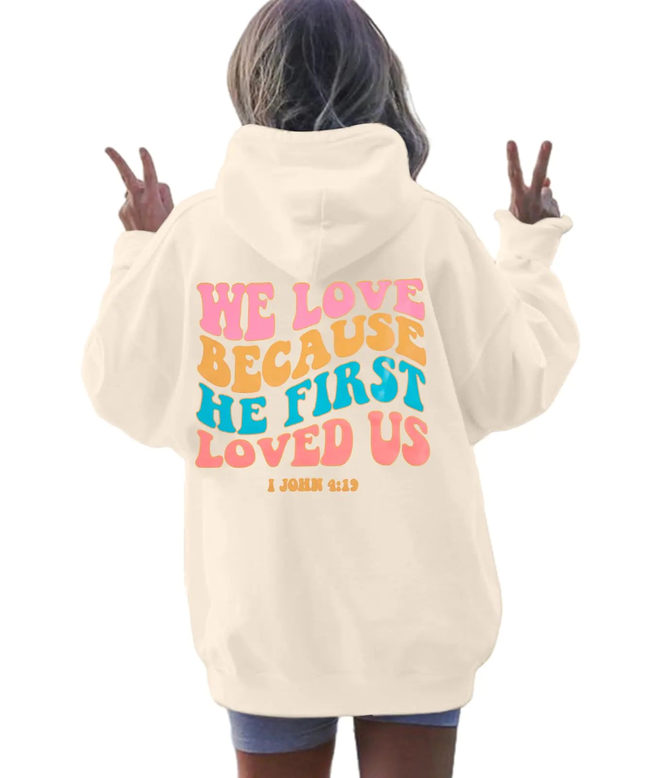 ASTANFY Jesus Hoodie Womens Christian Hoodies We Love Because He First Loved Us Christian Sweatshirt God Long Sleeve Tops Jesus Shirts Apricot