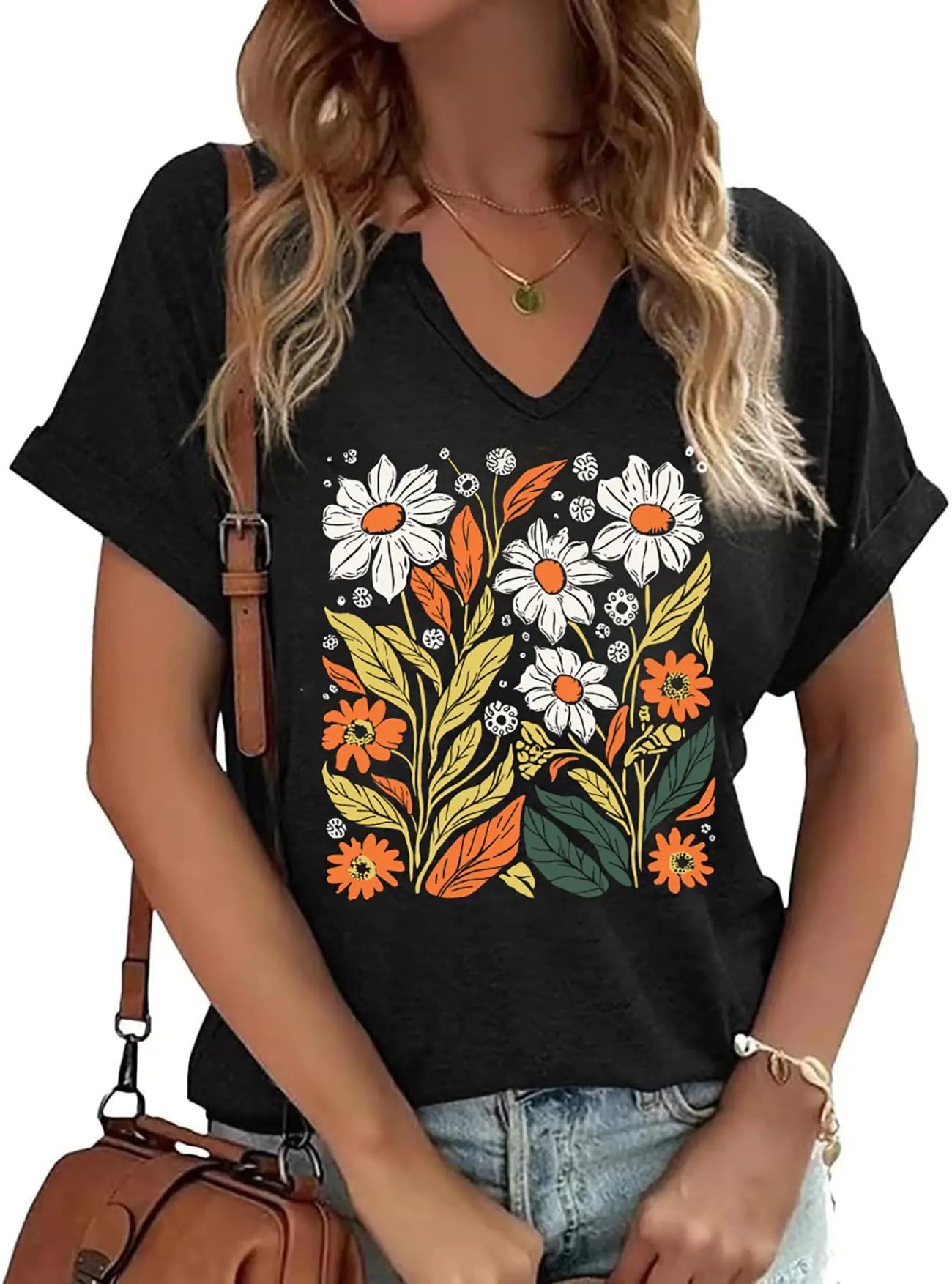 AMWIPE Womens Vintage Flowers V Neck Shirt Casual Floral Print Tee Shirts Cute Wildflowers Graphic Cottagecore Tops