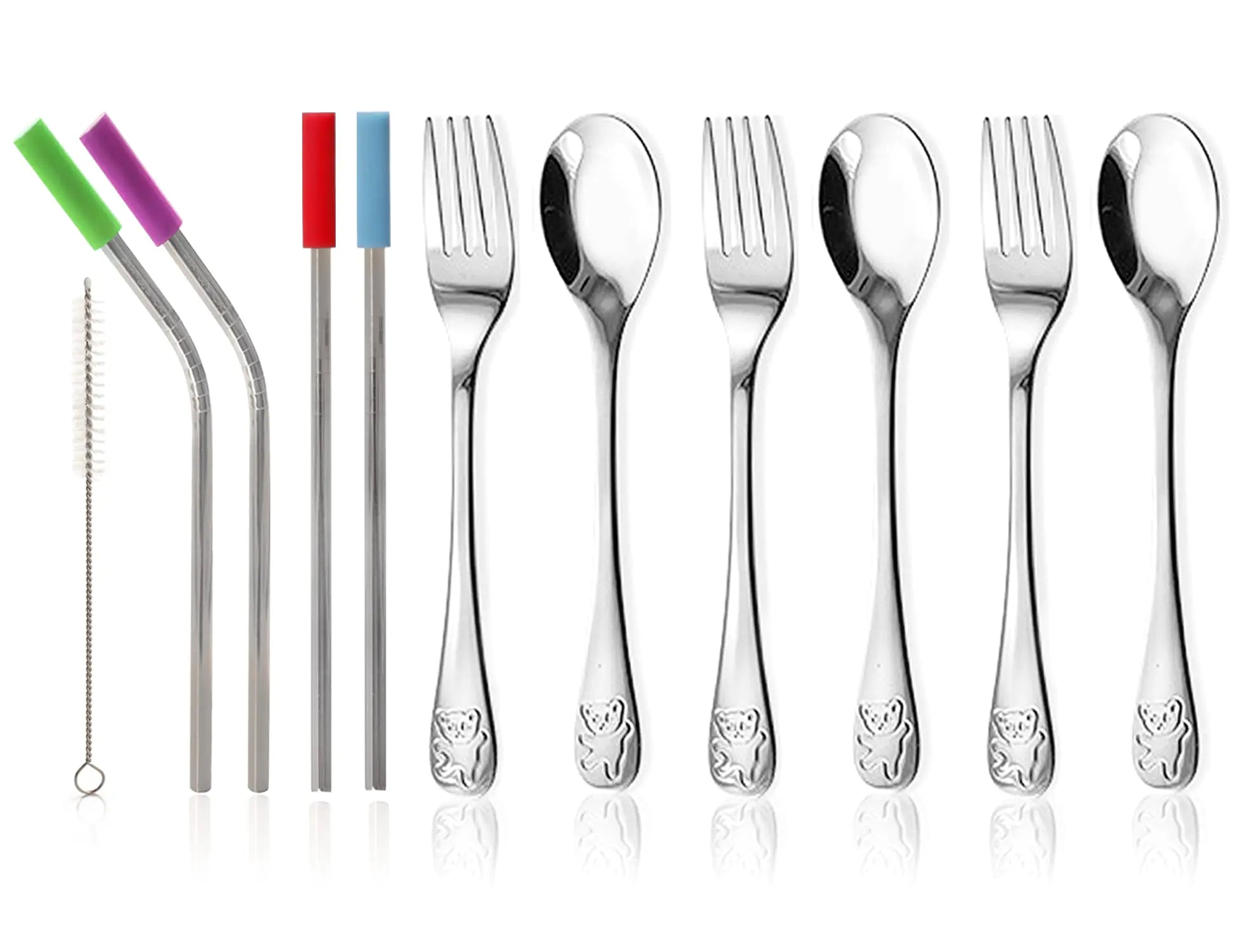 15 Pieces Toddler Kids Utensils Kids Silverware Set Stainless Steel Safe Baby Utensils 3 Toddler Forks 3 Toddler Spoons 4 Reusable Metal Straws 4 Silicone Tips and Brush Kid Utensils Flatware