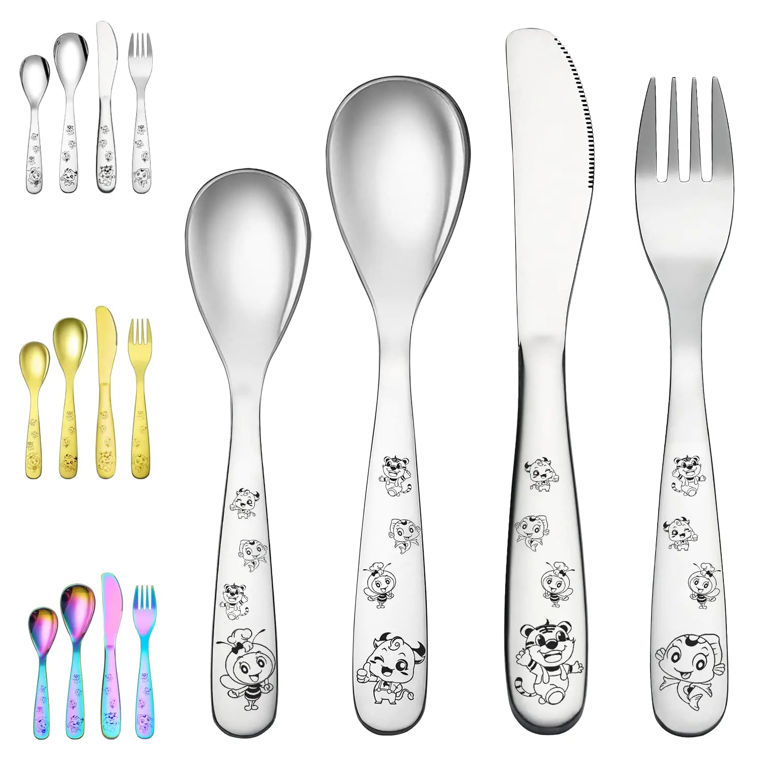 Berglander Black Toddler Utensils 4 Pieces Black Titanium Plating Kids Silverware Set Children Safe Forks and Spoons Flatware Mirror Polished Smooth Round Edage Cutlery Sets Dishwasher Safe