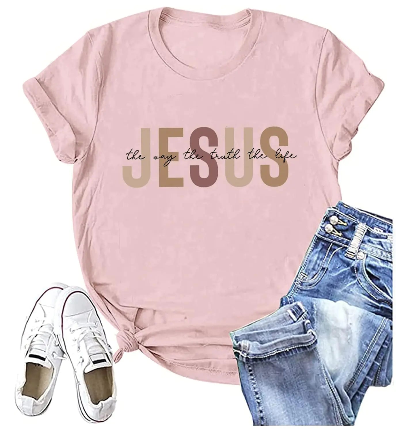 Christian Shirt for Women Jesus T-Shirt Jesus The Way The Truth The Life Retro Bible Verse Inspirational Tee Tops Pink