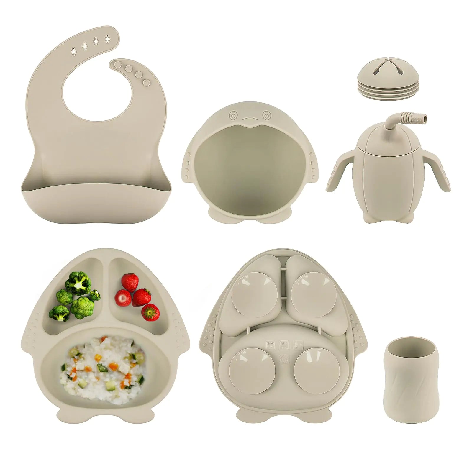 Baby Led Weaning Supplie Silicone Baby Feeding Set with Suction Plate and Bowl Toddler Self Feeding Essentials with Spoons Forks Bib Sippy Cup Eating Utensils for 6+ Months (10 Pcs)