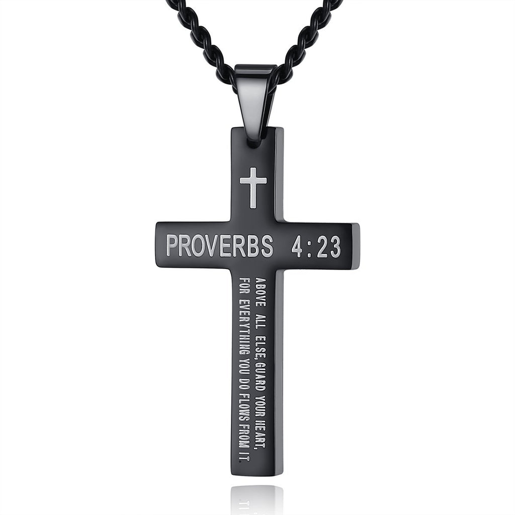 Cross Necklace with Black Titanium Steel and Engraving