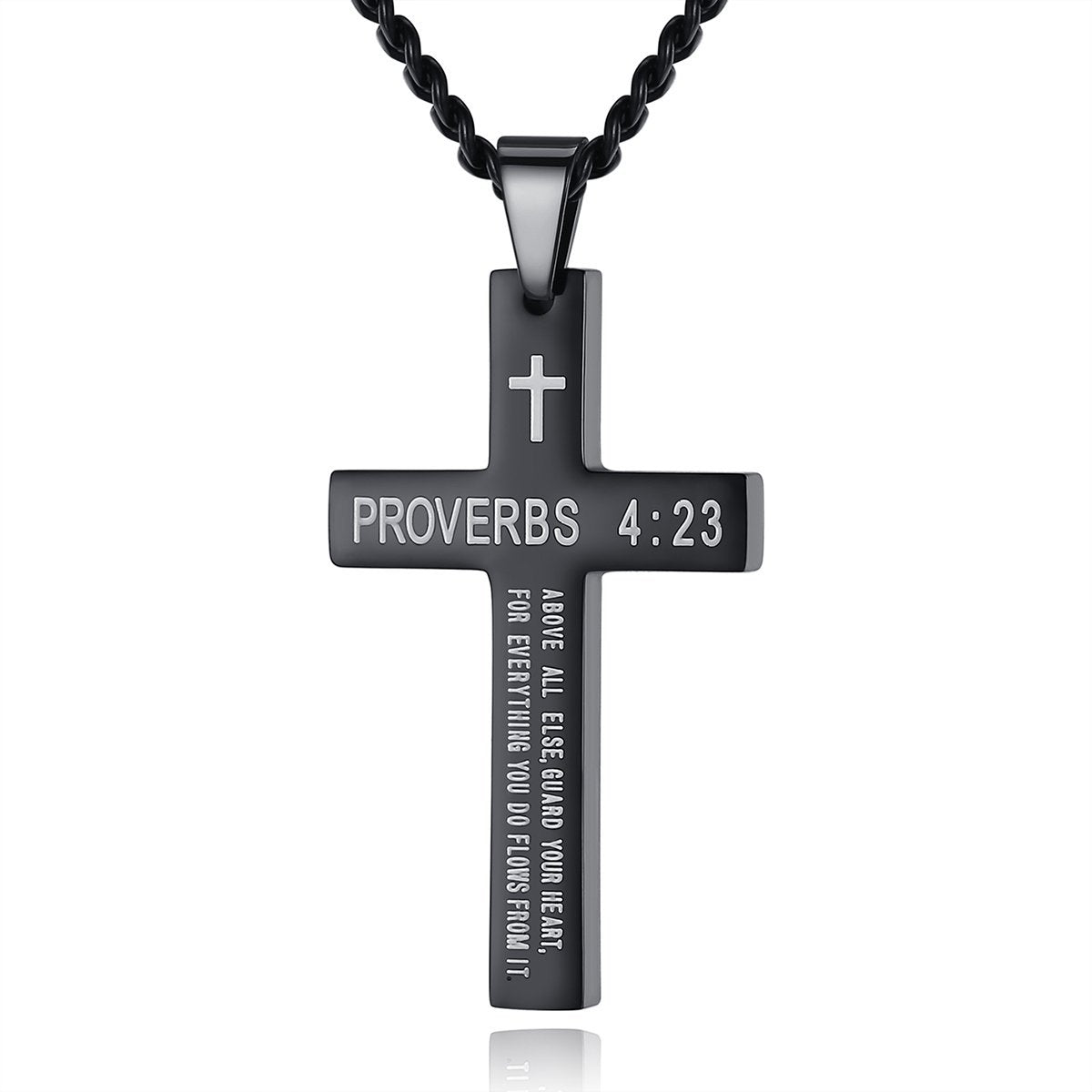 Cross Necklace with Black Titanium Steel and Engraving