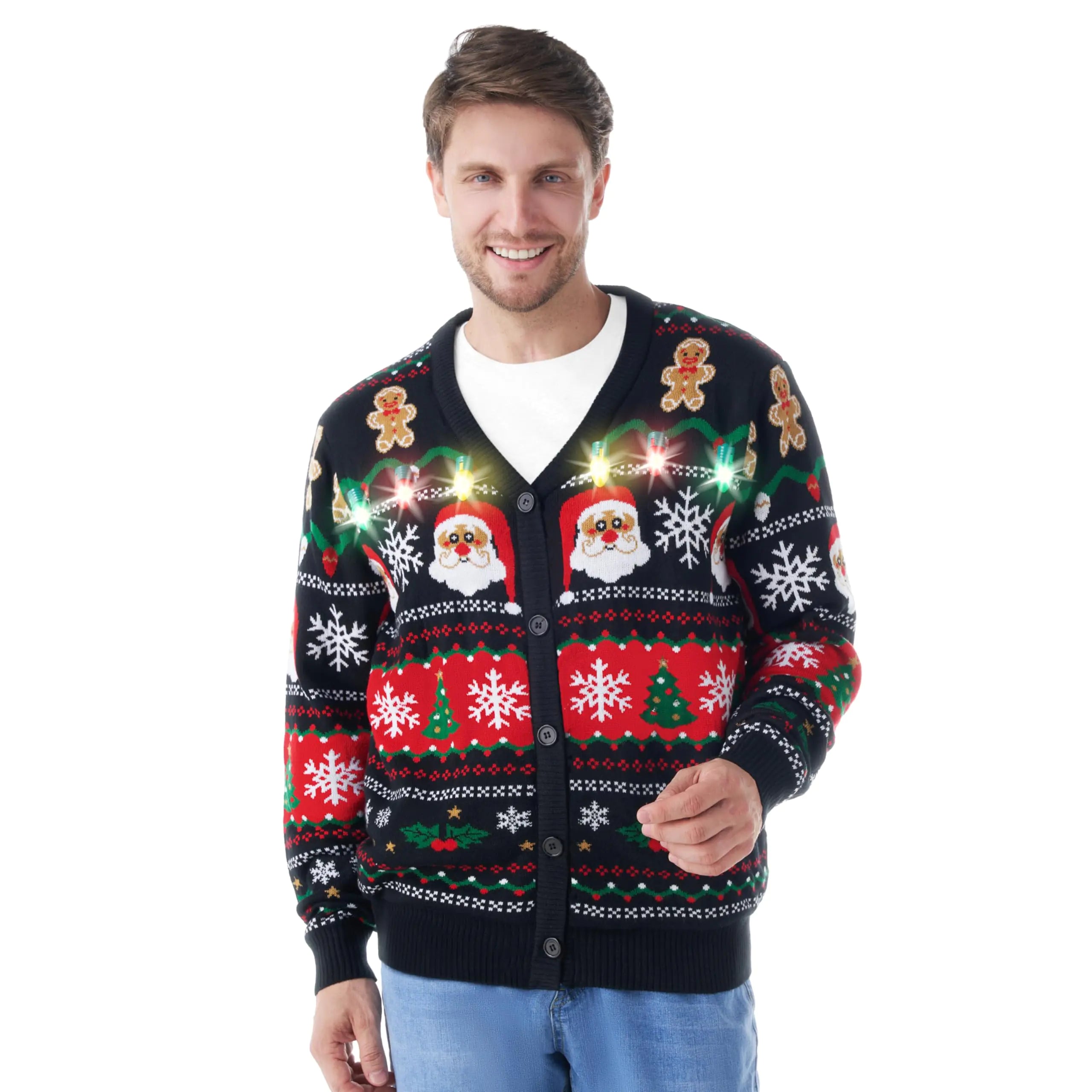 Giggling Getup Men Ugly Christmas  Cardigan Sweater - V-Neck Black