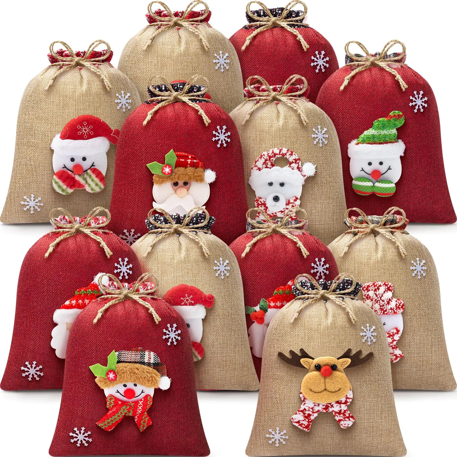12Pcs Burlap Christmas Gift Bags with Drawstring 8x10in 3D Doll Christmas Goody Gift Bags Small Xmas Candy Bags Linen Treat Bags Christmas Gift Wrapping Bags Holiday Party Favors Decor Santa Sacks