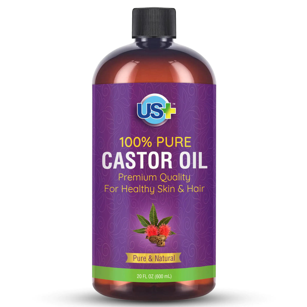 US+ 20oz 100% Pure Castor Oil - Cold-pressed Unrefined Hexane-free - BPA Free Plastic Bottle - USP Grade - Premium Quality for Healthy Skin & Hair