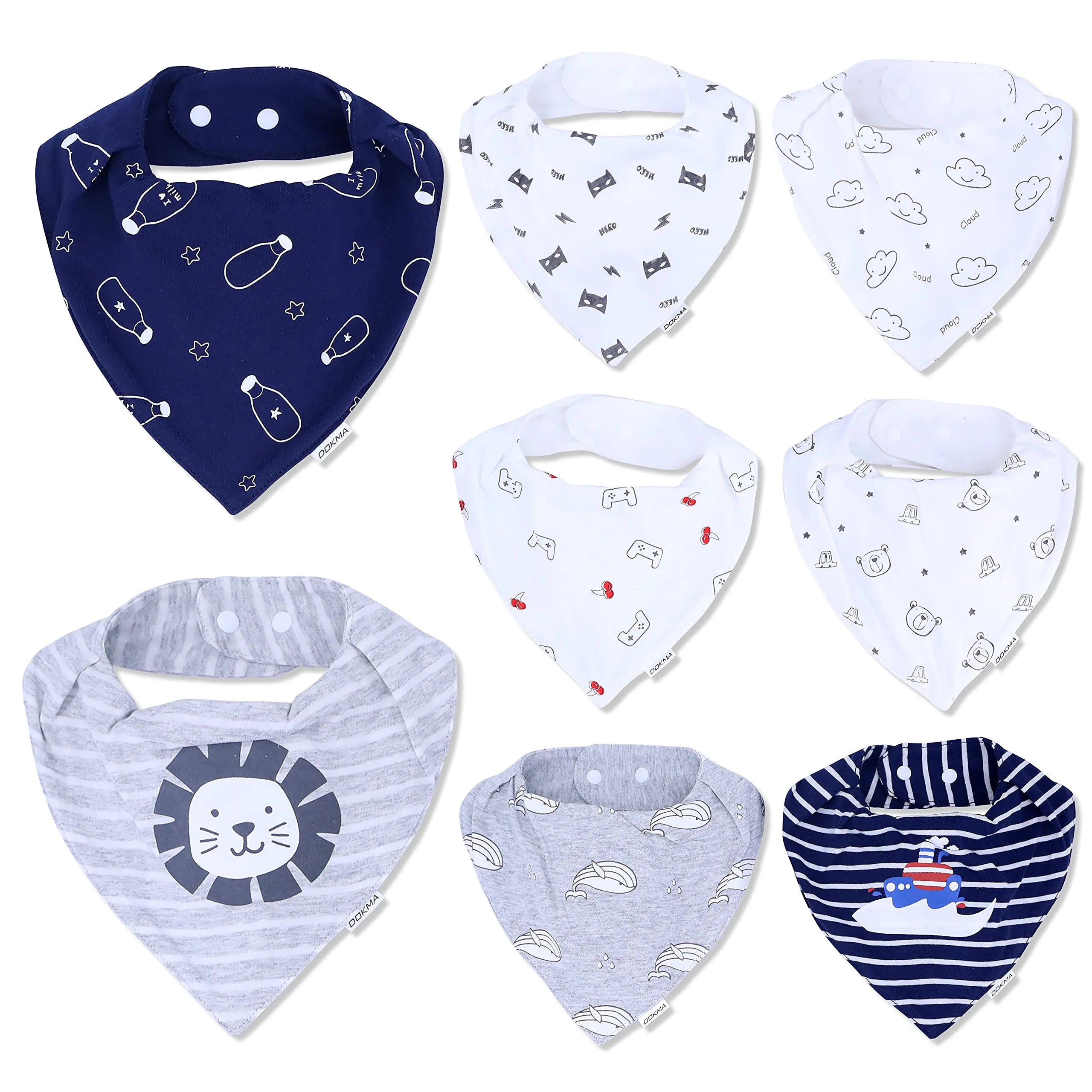 DOKMA Set 8 Organic Cotton Baby Drool Bibs - Bandana Bibs for Baby Boys - Super Absorbent Bandana Drool Bibs- Teething Bibs for Infant Toddler- Bandana Teething Bibs- White Grey Blue Green