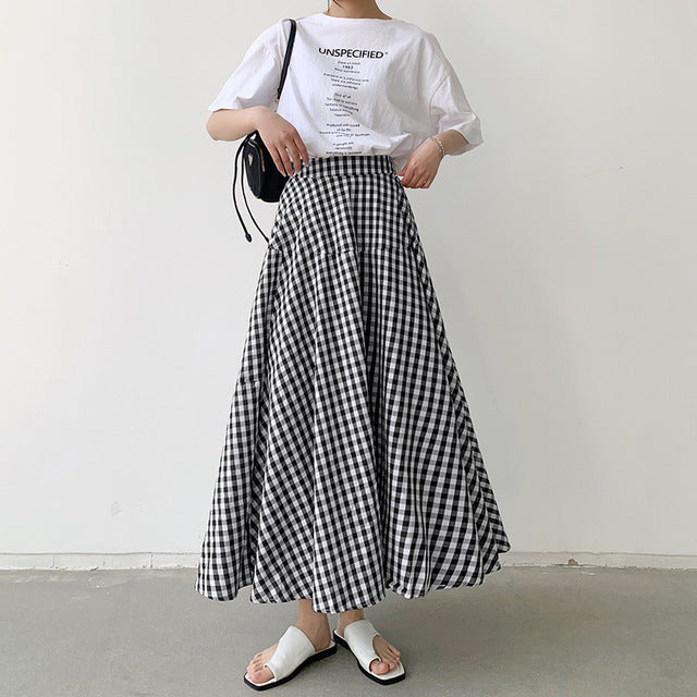 Korean Style A-line Long Cotton Skirts in Plaid