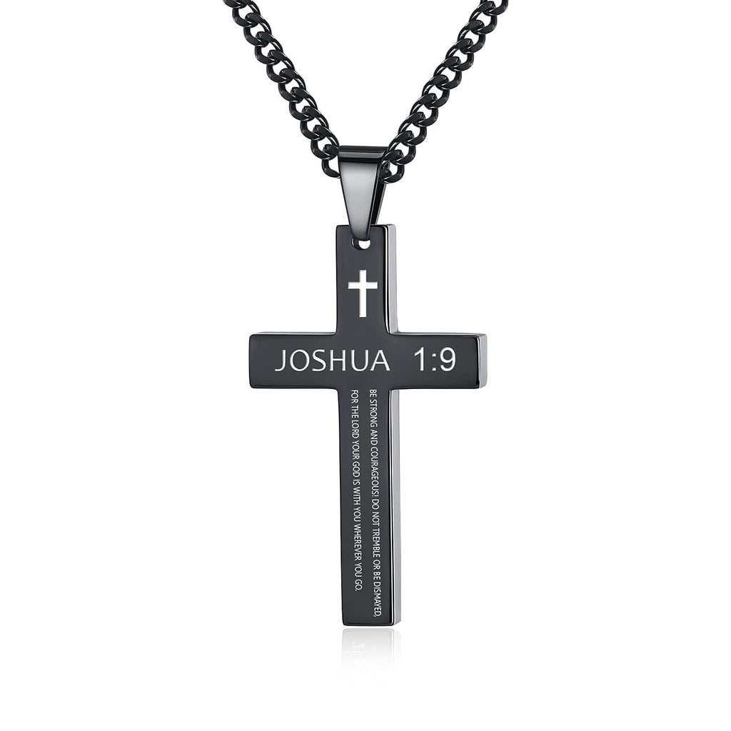 Cross Necklace with Black Titanium Steel and Engraving