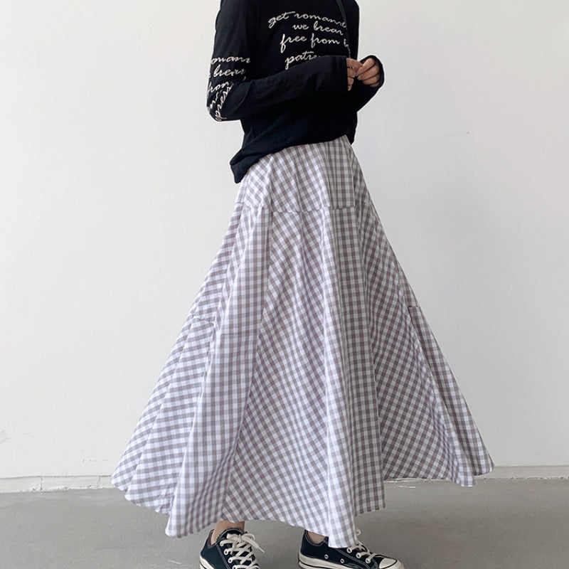 Korean Style A-line Long Cotton Skirts in Plaid