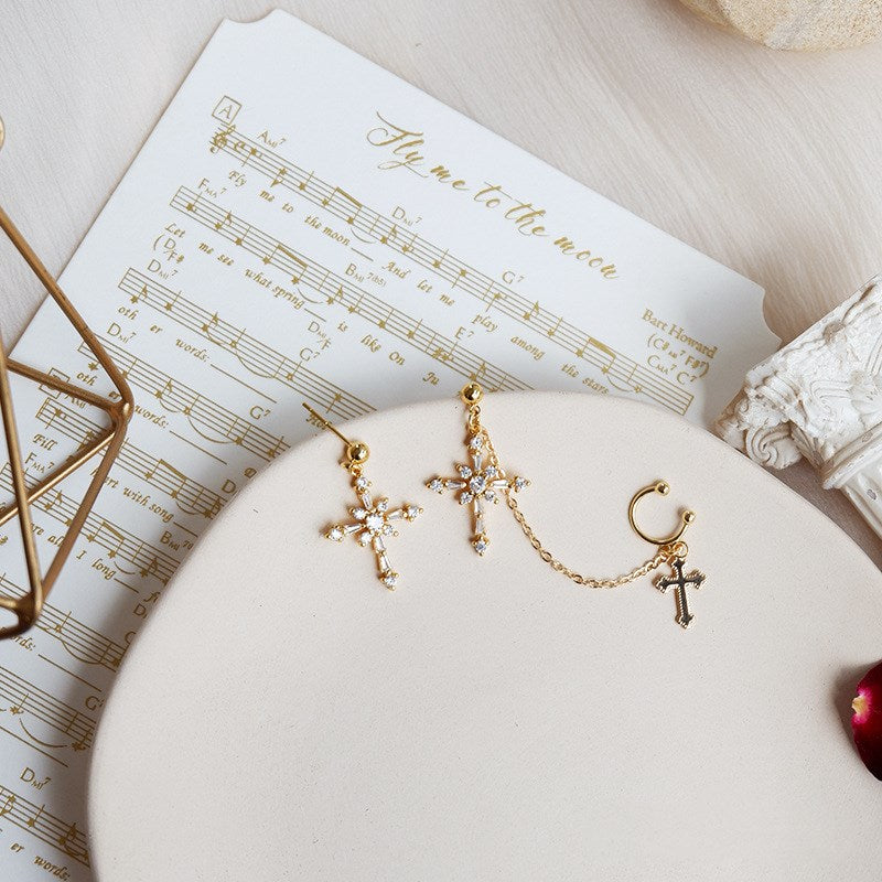 Baroque Cross Ear Cuff and Stud Earrings Set