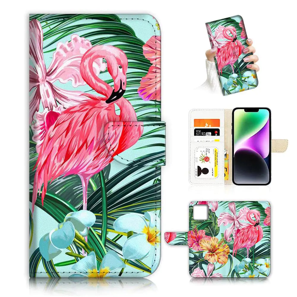 for iPhone 14 Fashion Flower Scene Flamingo Dragonfly Flip Wallet Phone Case Cover AD006 (#24912 Tropical Flamingo)