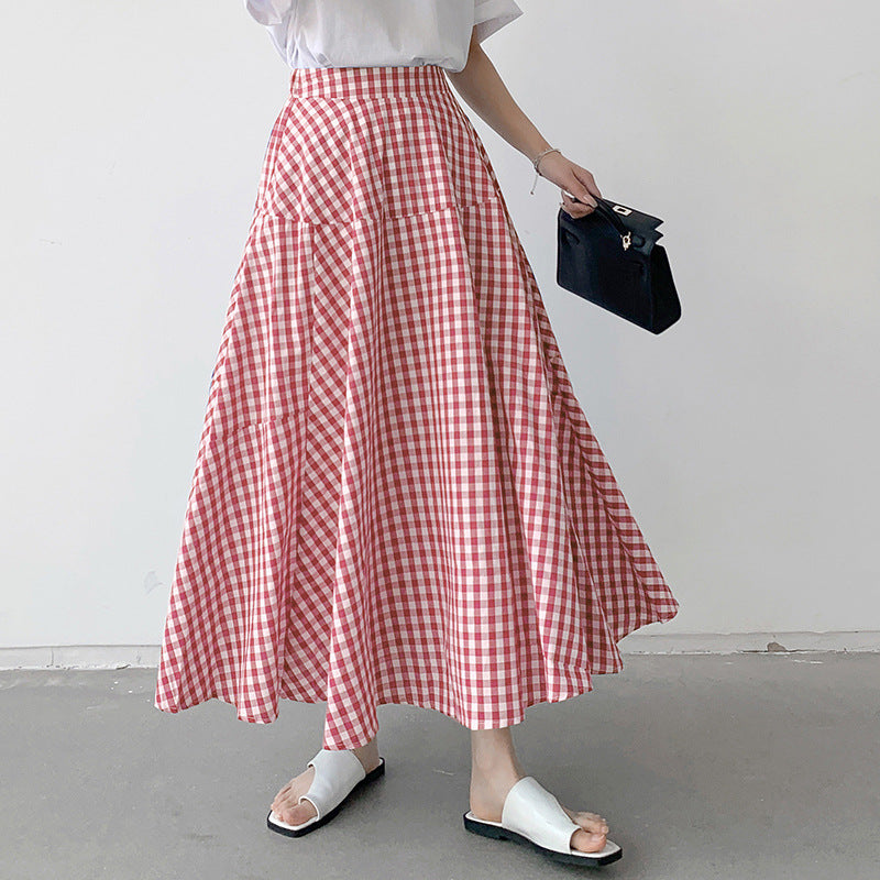 Korean Style A-line Long Cotton Skirts in Plaid