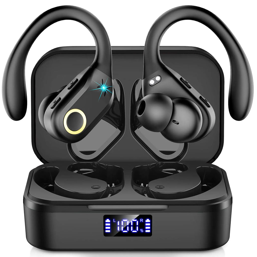 Wireless Earbuds Bluetooth 5.3 Headphones Stereo Bass ENC Noise Cancelling Mic HD Call Over Ear buds with Soft Earhooks for Sports 48H Playtime LED Display IP7 Waterproof Earphones for Android iOS