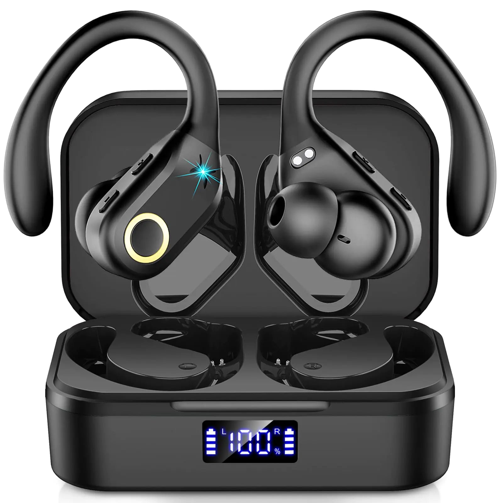 Wireless Earbuds Bluetooth 5.3 Headphones Stereo Bass ENC Noise Cancelling Mic HD Call Over Ear buds with Soft Earhooks for Sports 48H Playtime LED Display IP7 Waterproof Earphones for Android iOS