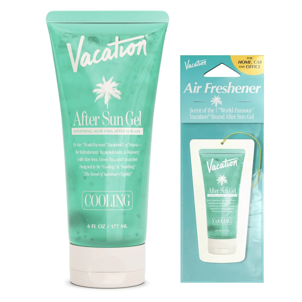 VACATION After Sun Gel + Airfreshener Bundle Soothing Aloe Vera Gel for Sunburn Relief Hydrating After Sun Care Non-Sticky Cooling Aloe Gel Sunburn Relief Alcohol Free 6 fl. oz.