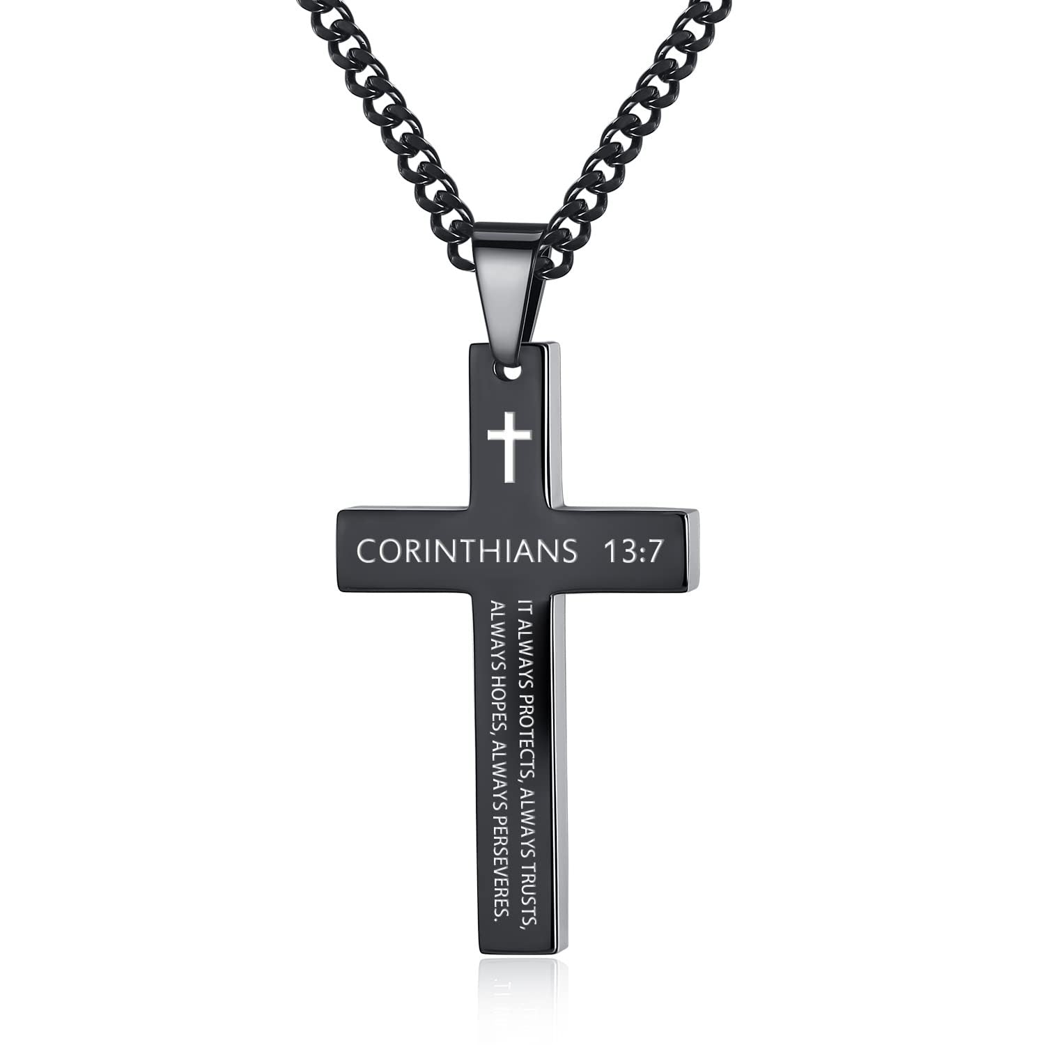Cross Necklace with Black Titanium Steel and Engraving