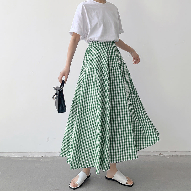 Korean Style A-line Long Cotton Skirts in Plaid