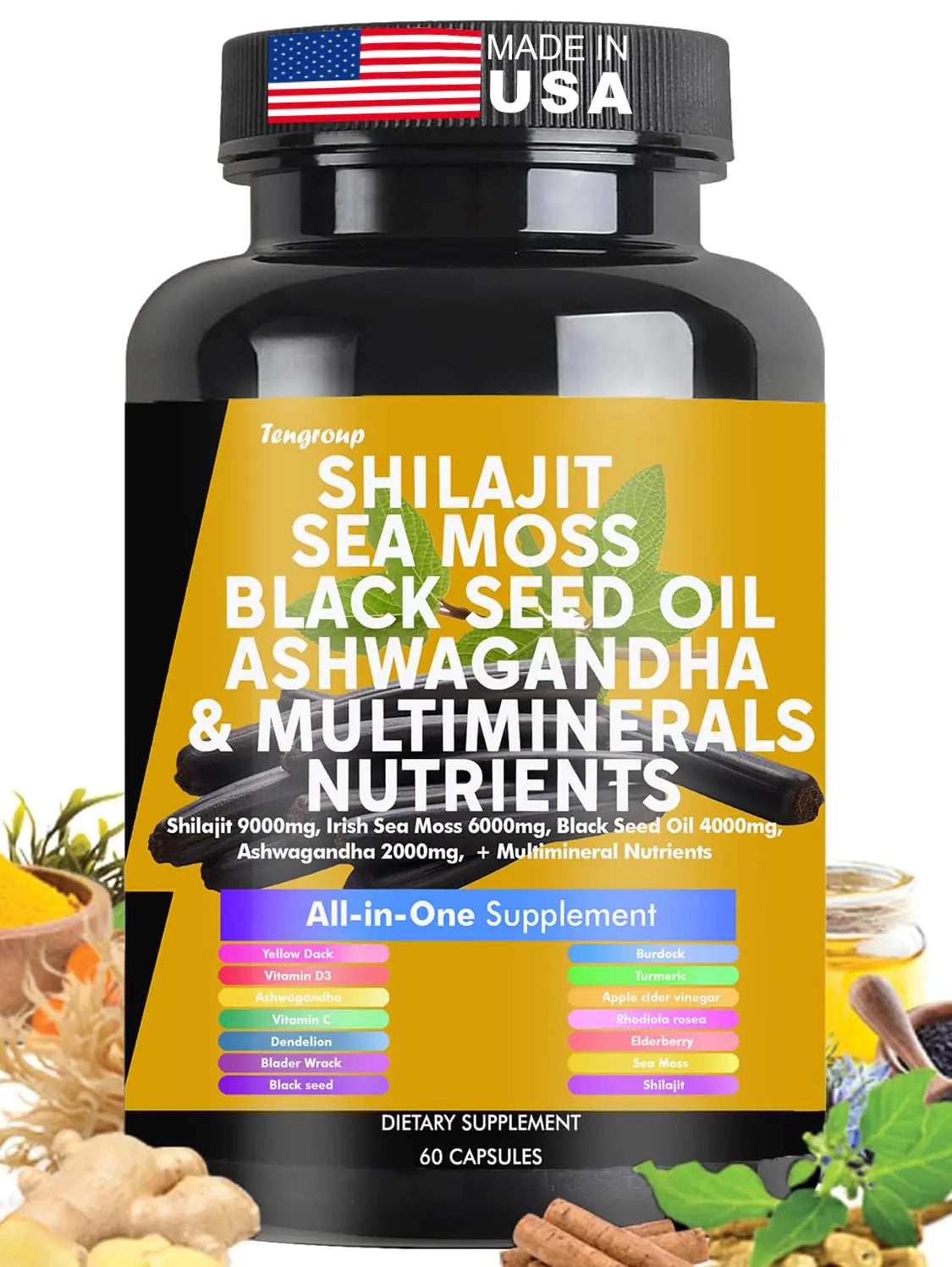 Shilajit 9000mg Sea Moss 6000mg Black Seed Oil 4000mg Ashwagandha 2000mg Burdock 1000mg & Vitamin C & D3 with Elderberry rhodiola rosea Dandelion Yellow Dock Turmeric ACV