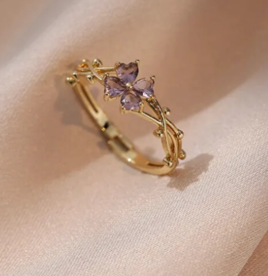 18K Gold-Plated Adjustable Daisy Ring with Amethyst