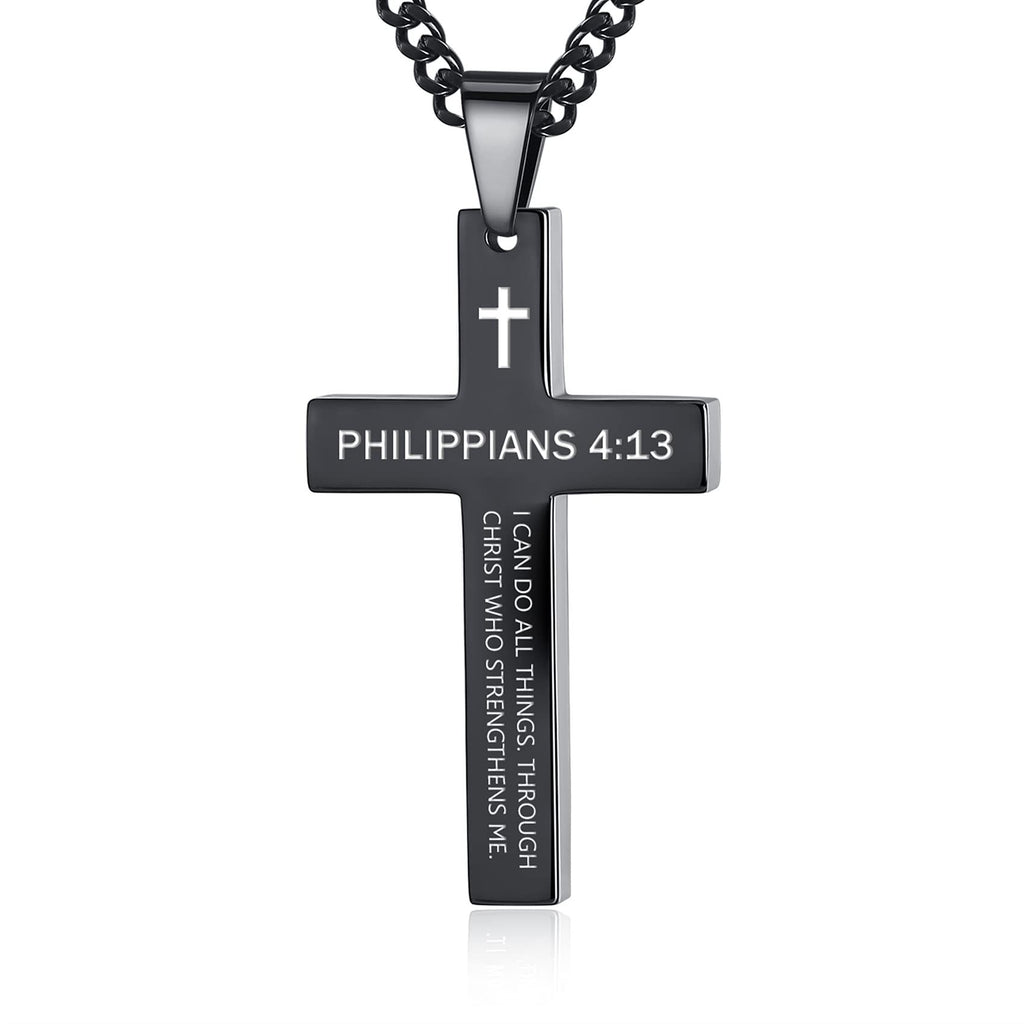 Cross Necklace with Black Titanium Steel and Engraving