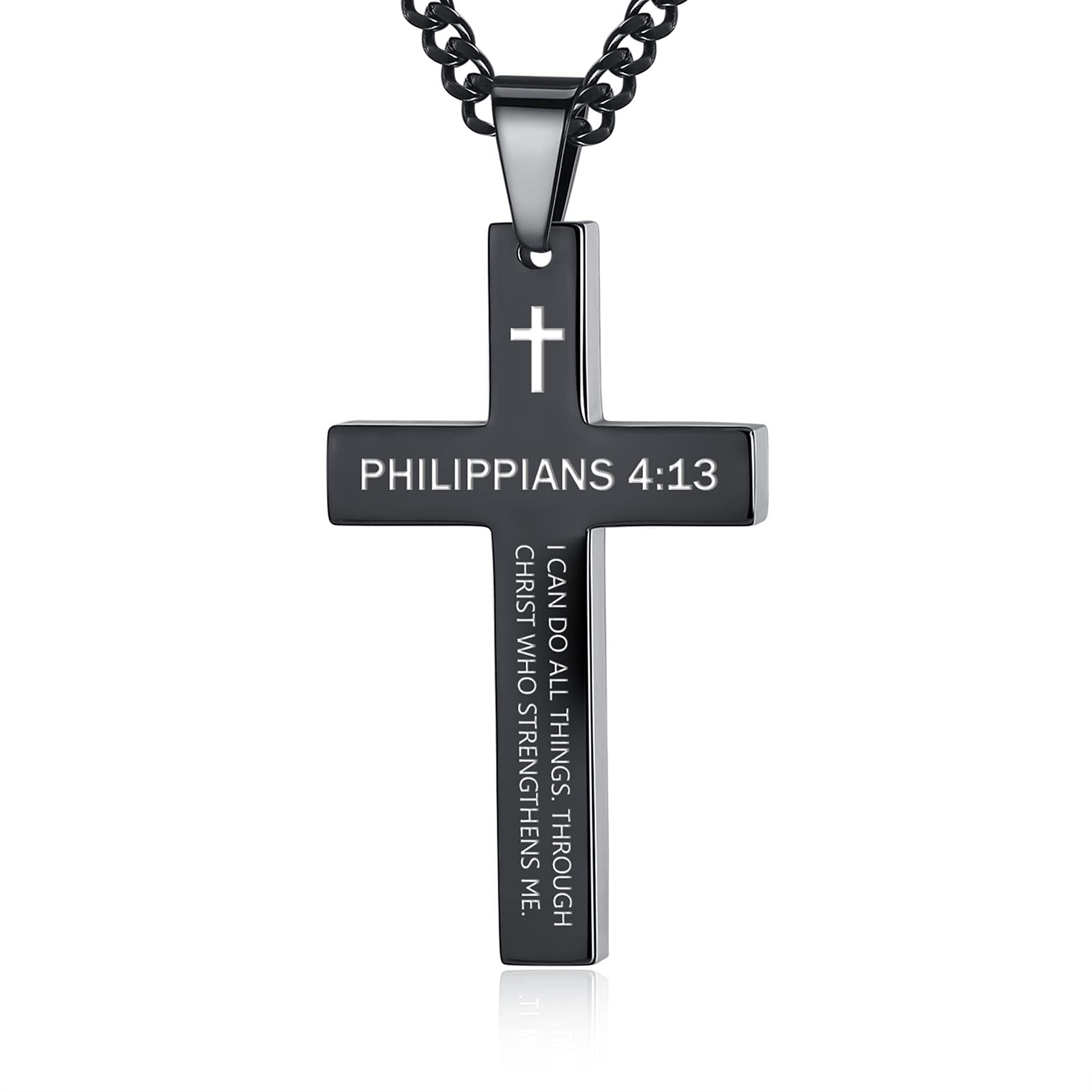 Cross Necklace with Black Titanium Steel and Engraving