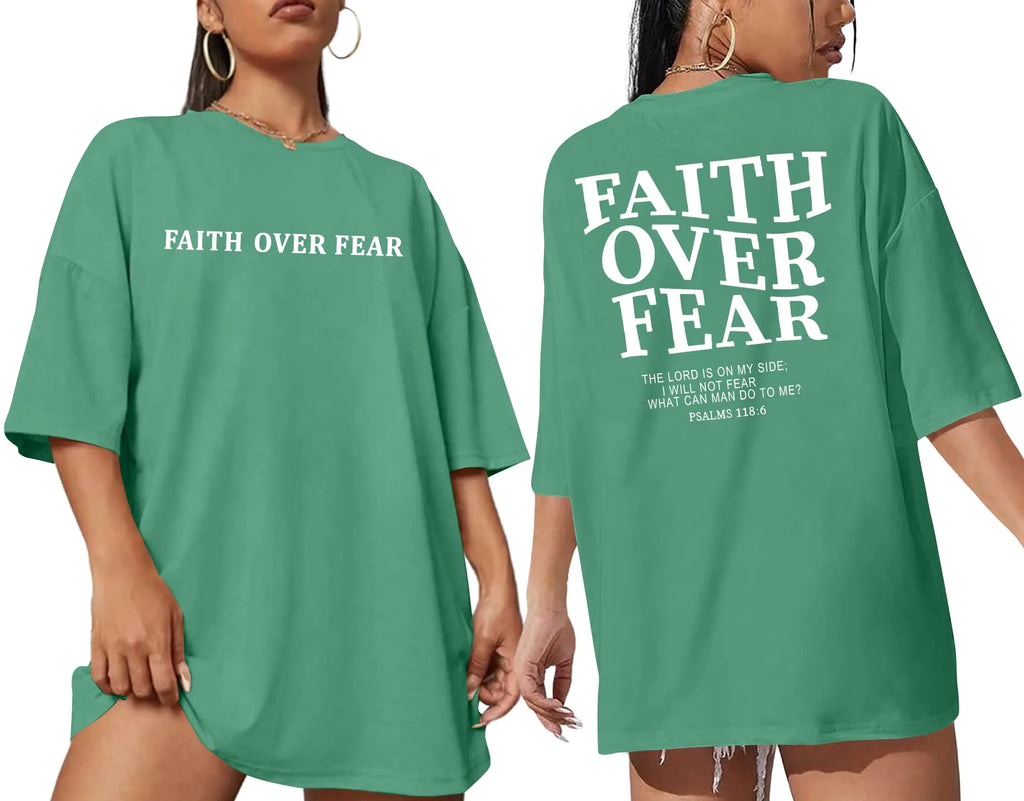 Faith Over Fear Tshirt Women Christian Shirt Oversized Funny Saying Religious Shirts Jesus Tee Top Short Sleeve(Green Large)