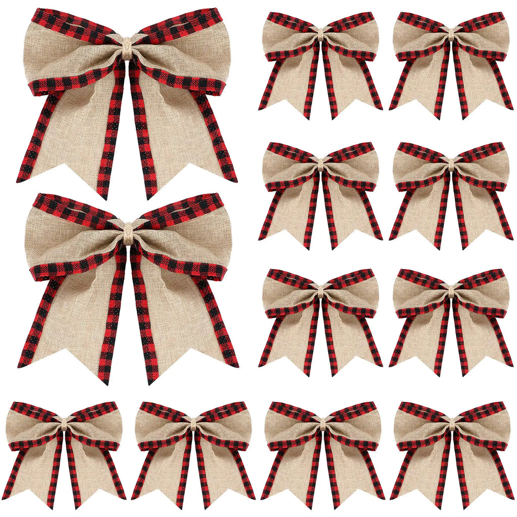 12 Pieces Christmas Burlap Plaid Bows or Christmas Decor(Black and Red)