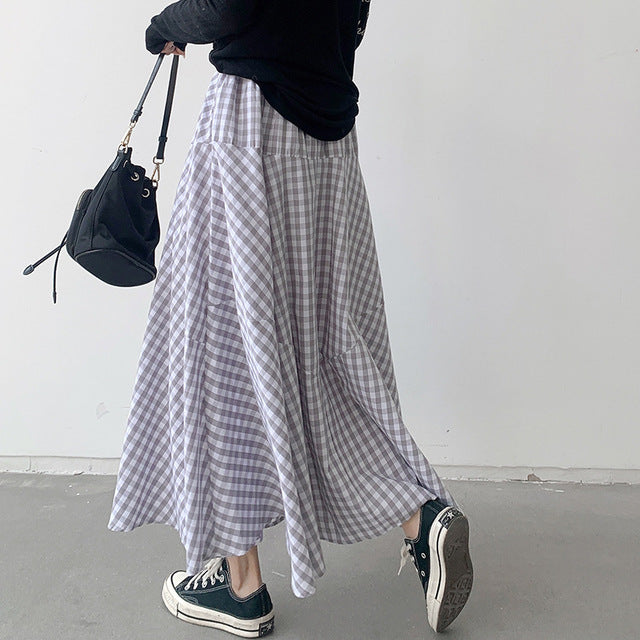 Korean Style A-line Long Cotton Skirts in Plaid