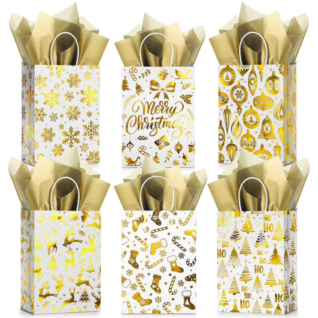 24 Pcs Christmas Gift Bags with Tissue Paper Buffalo Plaid Treat Bags Merry Christmas Santa Claus Xmas Kraft Paper Goodie Bags with Handles Bulk for Christmas Party Supplies (Gold Snowflake)