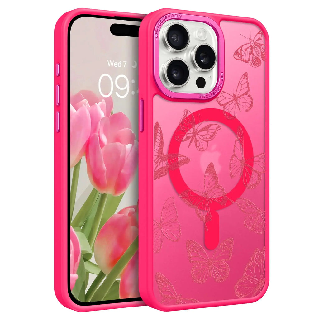 BENTOBEN Magnetic for iPhone 15 Pro Max Case Cute Butterfly Pattern Phone Case iPhone 15 Pro Max [Compatible with MagSafe] Translucent Matte Slim Women Girl Protective Case for 15 Pro Max Hot Pink