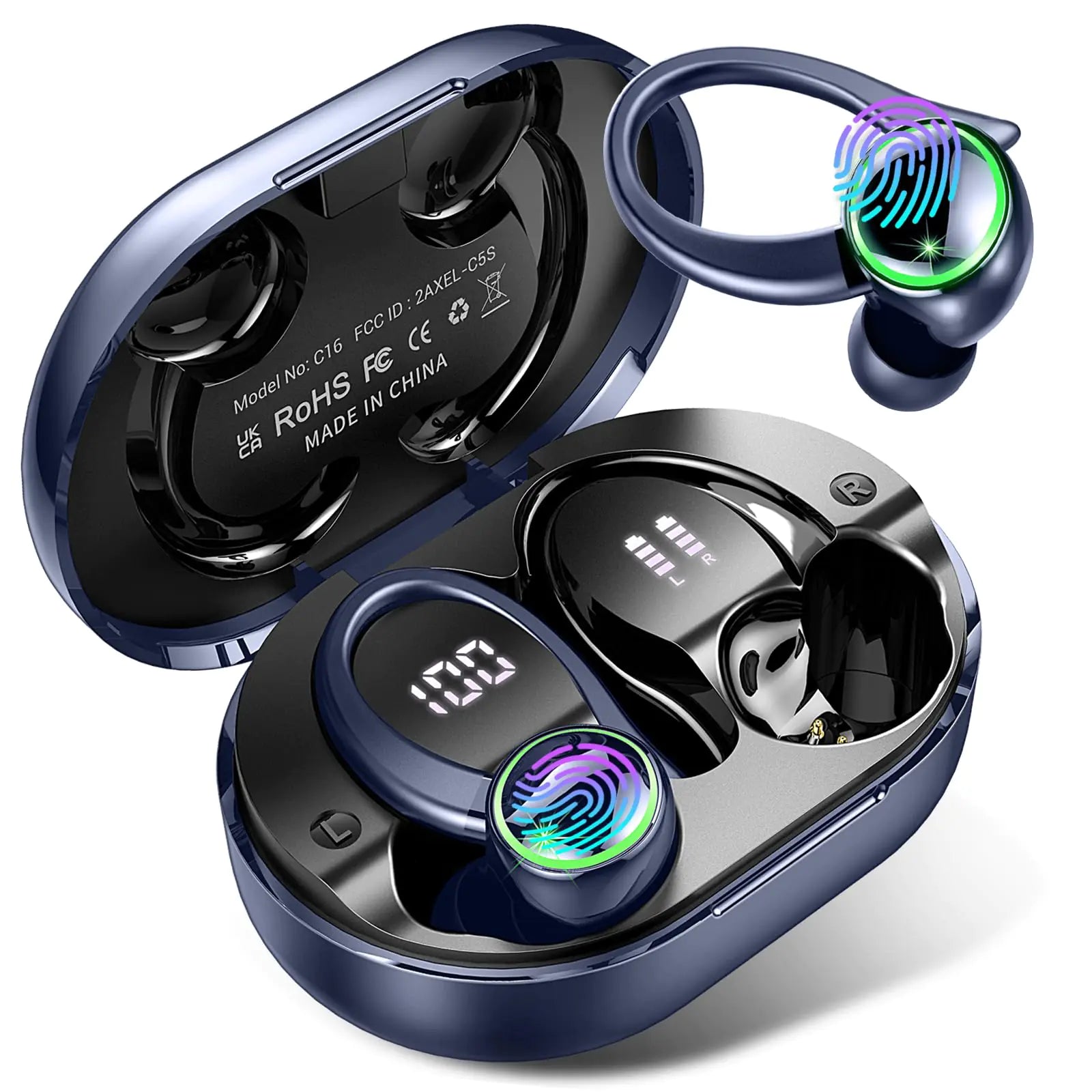 Wireless Earbuds Bluetooth 5.3 Headphones with Noise Cancelling Mic Bass Stereo Bluetooth Earphones 50Hrs with LED Display IP7 Waterproof Earbuds with Earhooks Over Ear Buds for Sports Deep Blue