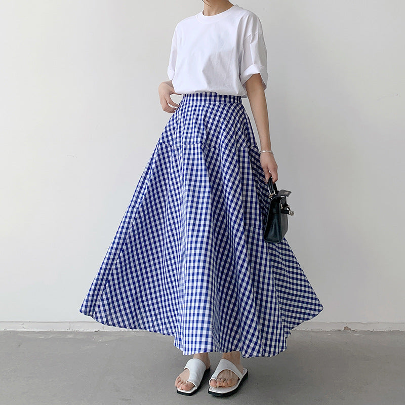 Korean Style A-line Long Cotton Skirts in Plaid