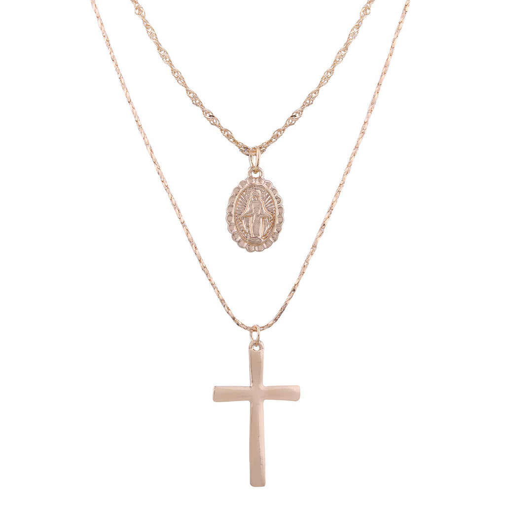 Cross Virgin Mary Pendant, Cross Necklace, Layered Coin Necklace