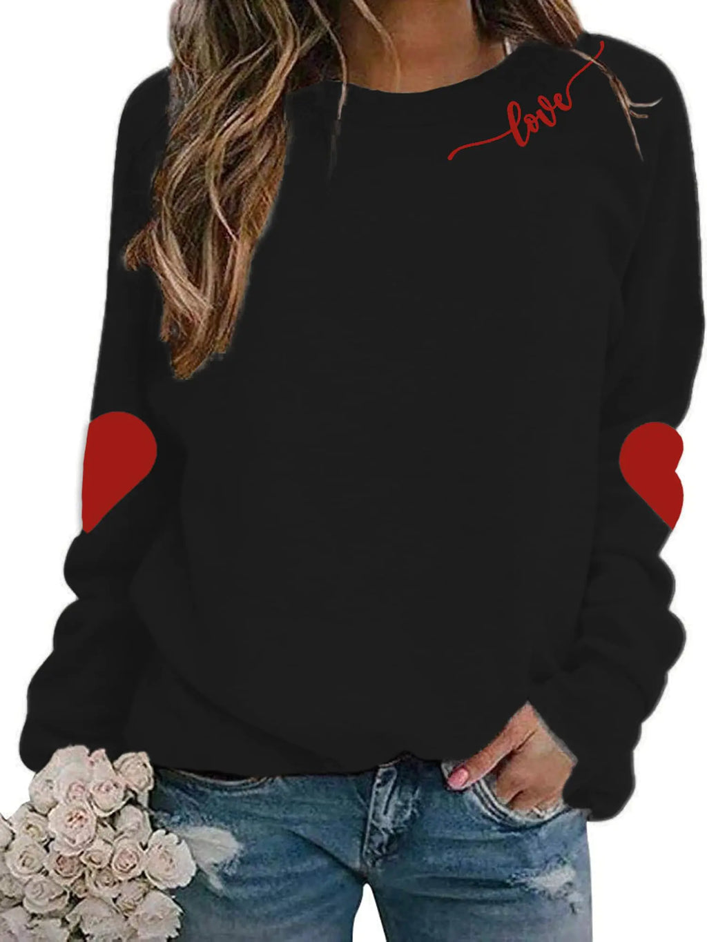 BEIDEFY Valentines Day Sweatshirt for Women Heart Love Valentines Long Sleeve Shirts Casual Round Neck Pullover Top Black