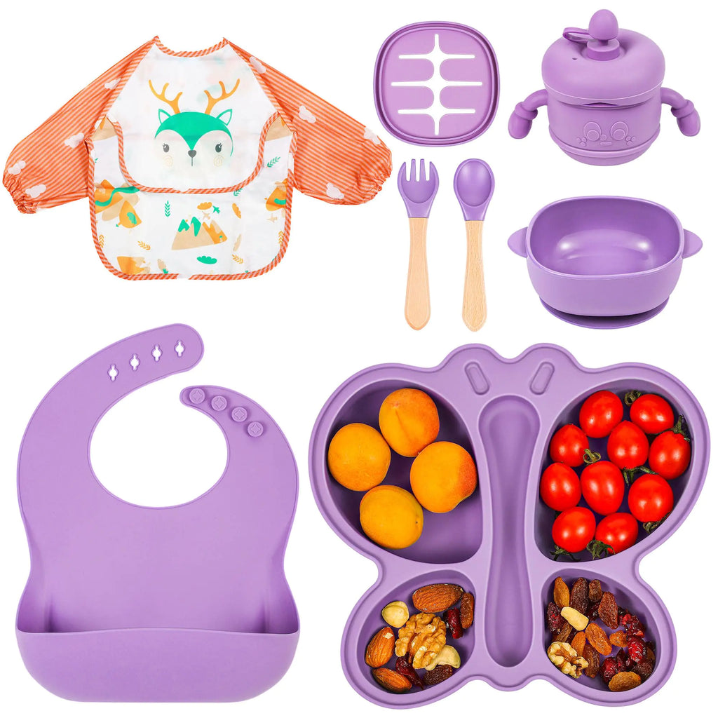 Silicone Baby Feeding Set Baby Led Weaning Supplies Silicone Suction Butterfly Plate Bowl Spoons Fork and Waterproof Bib & Cloth Bib Eating Utensils Baby Feeding Essentials (Purple)
