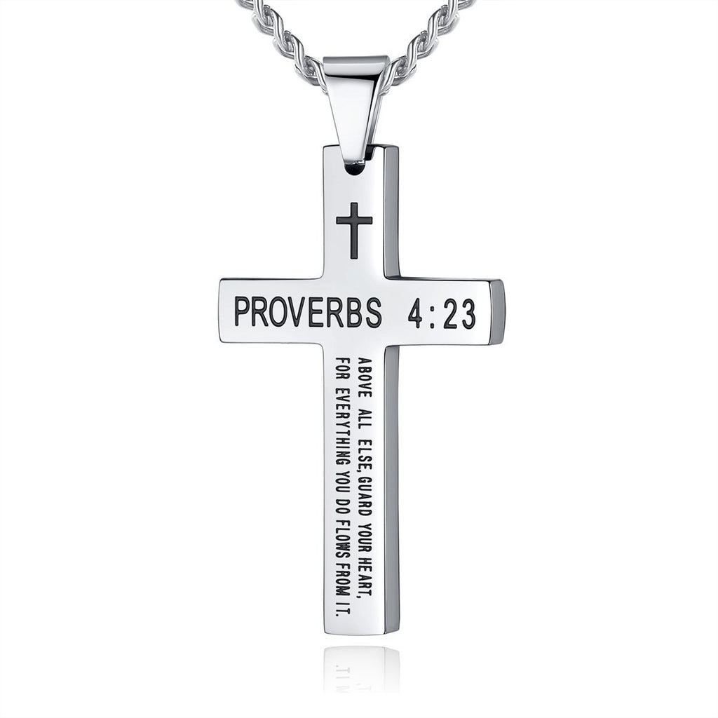 Cross Necklace with Black Titanium Steel and Engraving