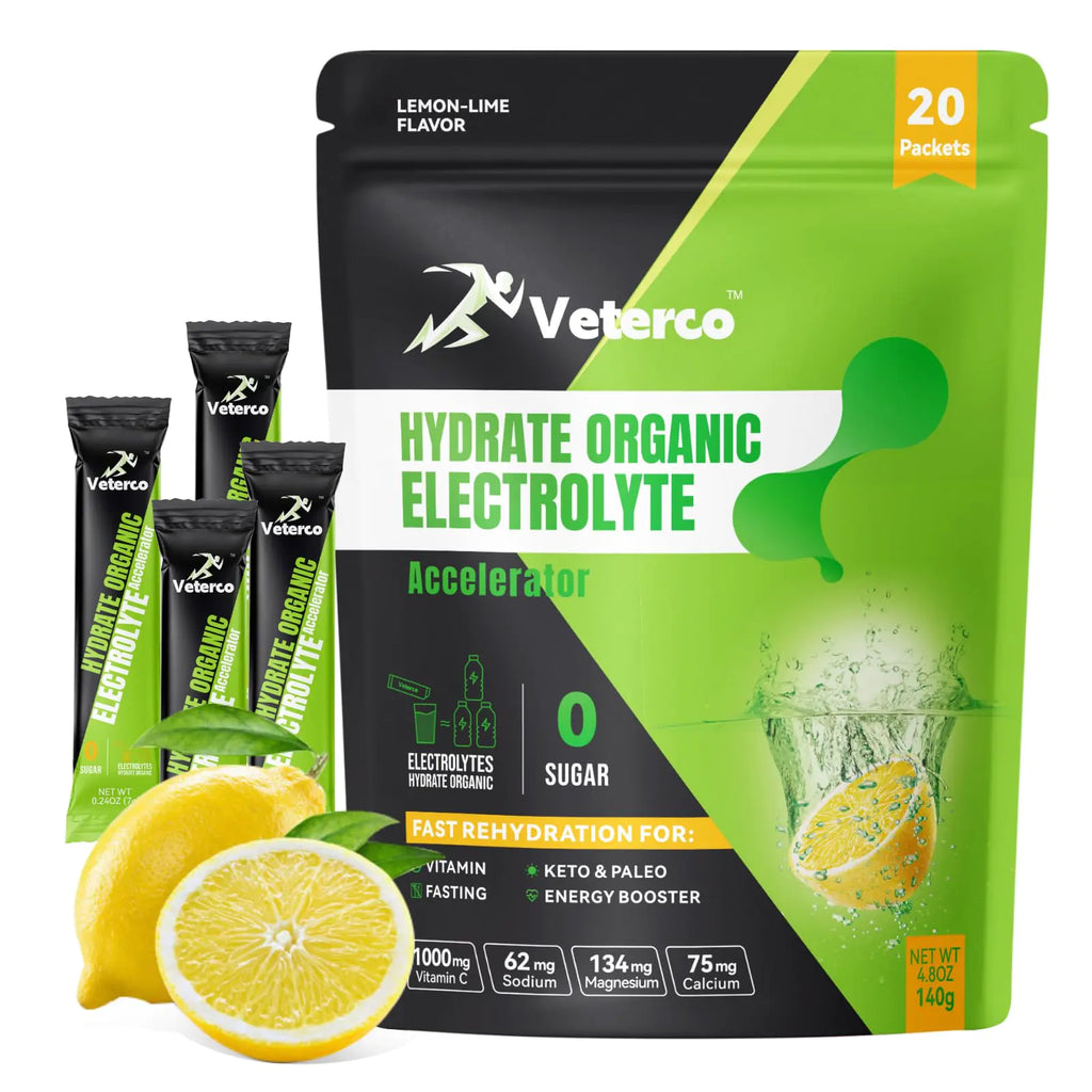 Veterco Hydration Electrolyte Powder Electrolyte Drink Hydration Supplement Drink Mix Hydration Packets with Vitamin & Minerals Keto Friendly Vegan Non-GMO No Sugar Lemon Flavor (20 Sticks)