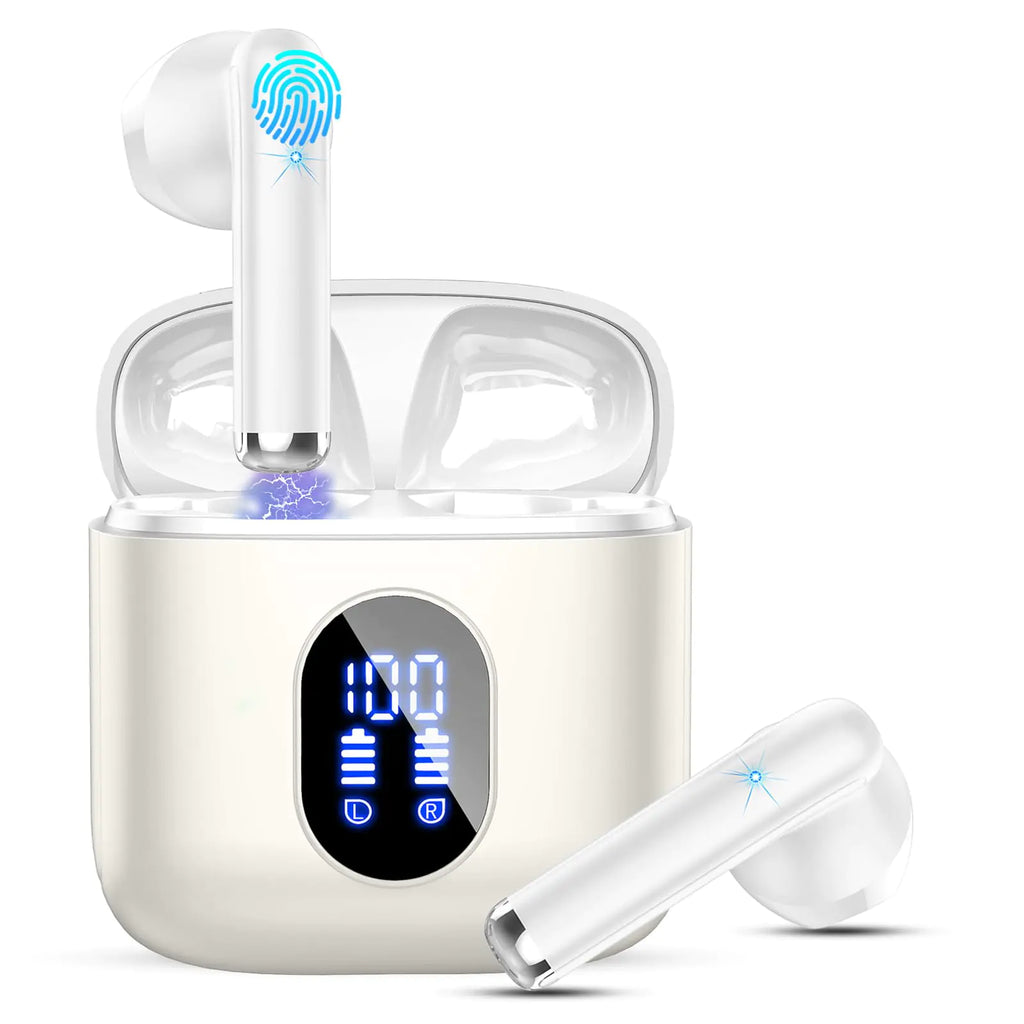 Wireless Earbuds Bluetooth Headphones 5.4 with ENC Noise Cancelling Mics 40H Bluetooth Ear buds 3D Bass with LED Display Charging Case IP7 Waterproof Wireless Earphones for Android iOS Pearlwhite
