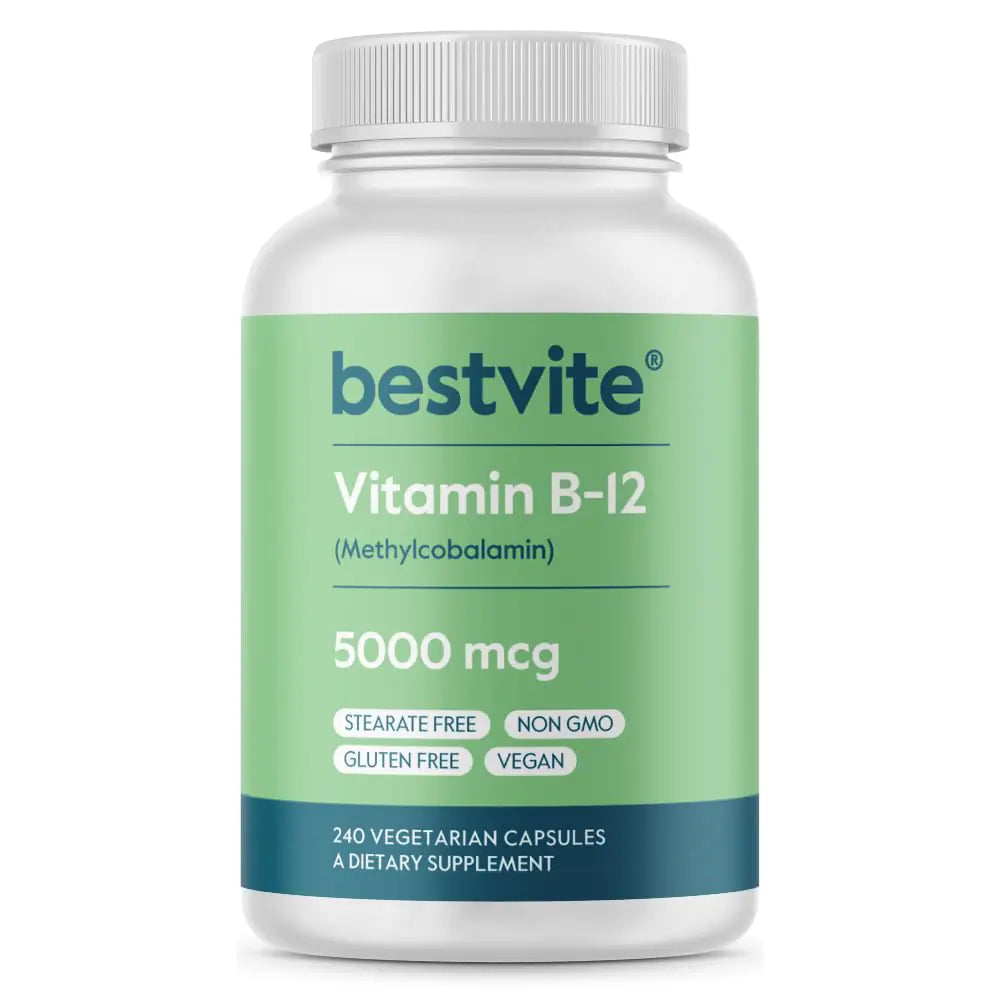 BESTVITE Vitamin B12 (Methylcobalamin) 5000mcg (240 Vegetarian Capsules) (Methyl B12) - No Stearates - Vegan - Non GMO - Gluten Free
