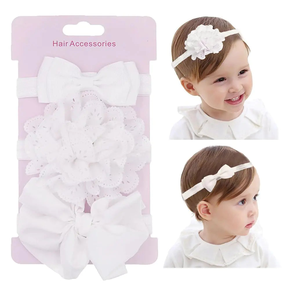 Yheahin 3pcs Cute Baby Bows Headband Chiffon Flower Girl Hairband for Toddler Newborn Infant Soft Elastic Hair Bow Accessories for Baby Birthday Party (White Standard size)