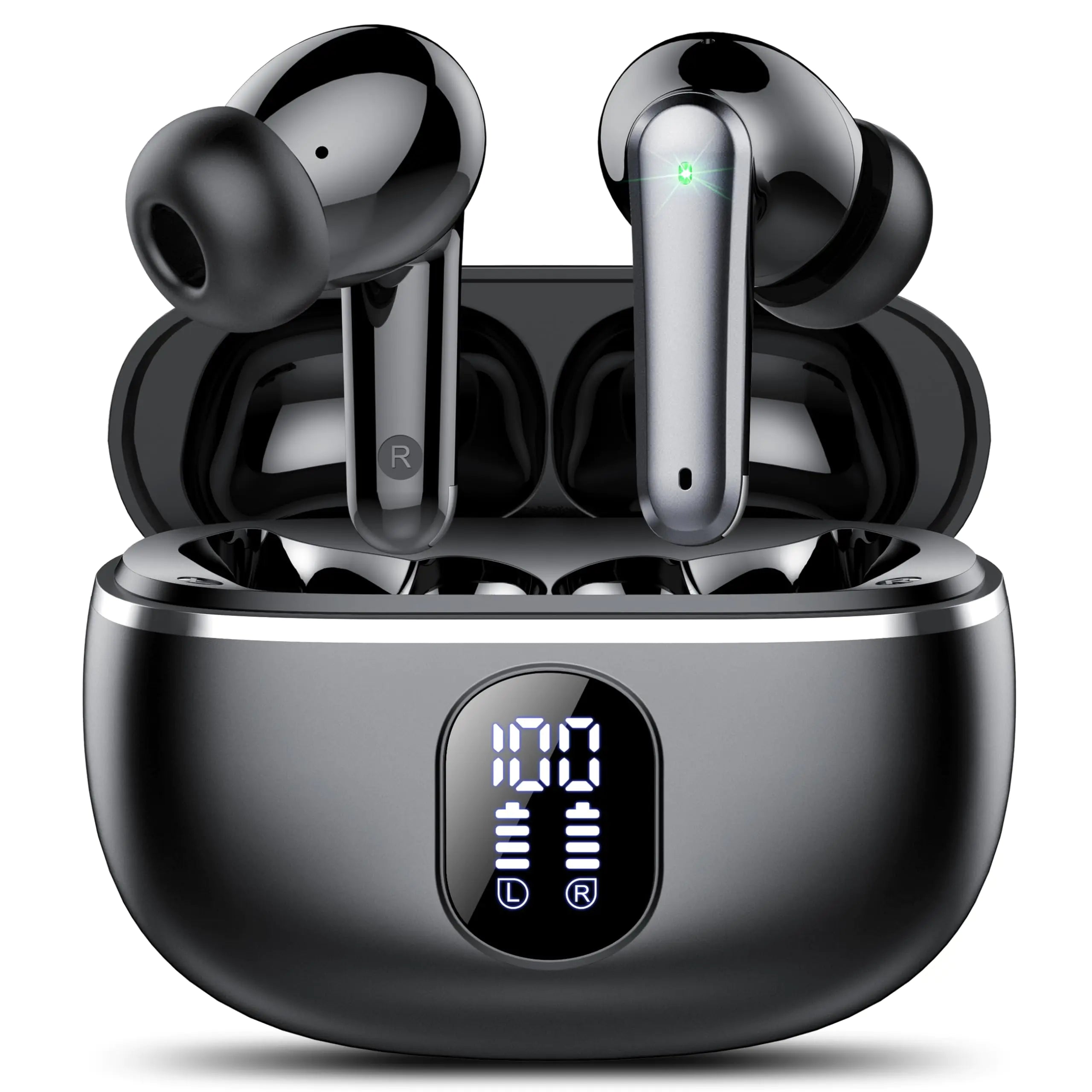 vamout Wireless Earbuds Bluetooth 5.3 Headphones Big Bass Stereo Ear Buds with Noise Cancelling Mic LED Display in Ear Earphones IP7 Waterproof 50H Playtime for Sports Black