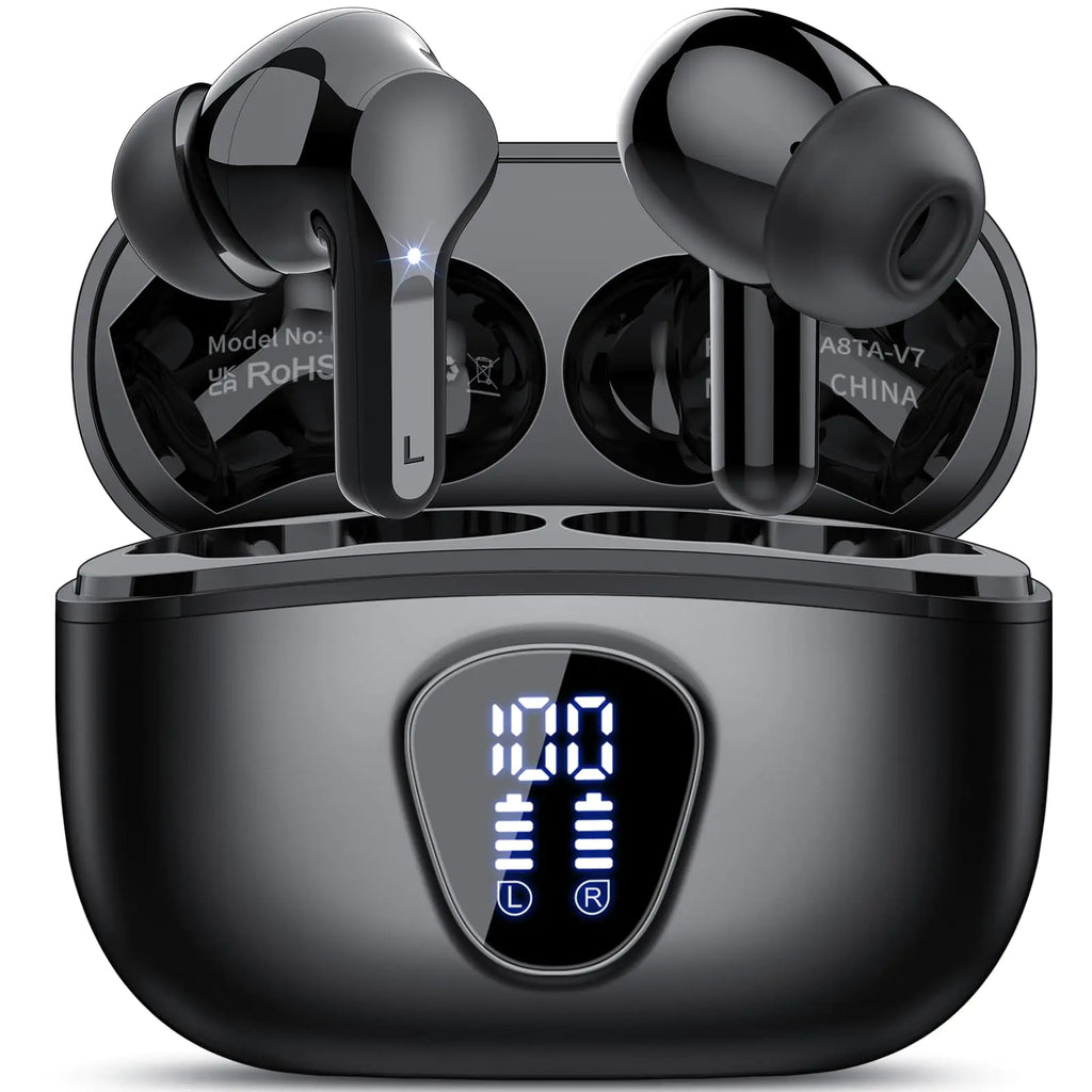 Wireless Earbuds Bluetooth 5.3 Headphones HiFi Stereo Bluetooth Earbuds with ENC Noise Cancelling Mic IP7 Waterproof in Ear Earphones 48H LED Display Ear buds for Pad Phones Workout Sports Black