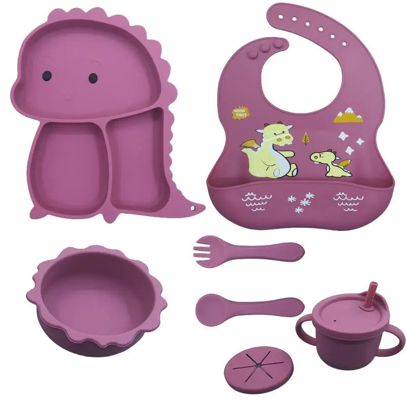 Silicone Baby Feeding Set Baby Led Weaning Supplies Eating Essentials Utensils with Suction Plate and Bowl Pocket Bib Sippy Cup with Lid Forks Spoons Snack Container (Rose Pink) 6M+