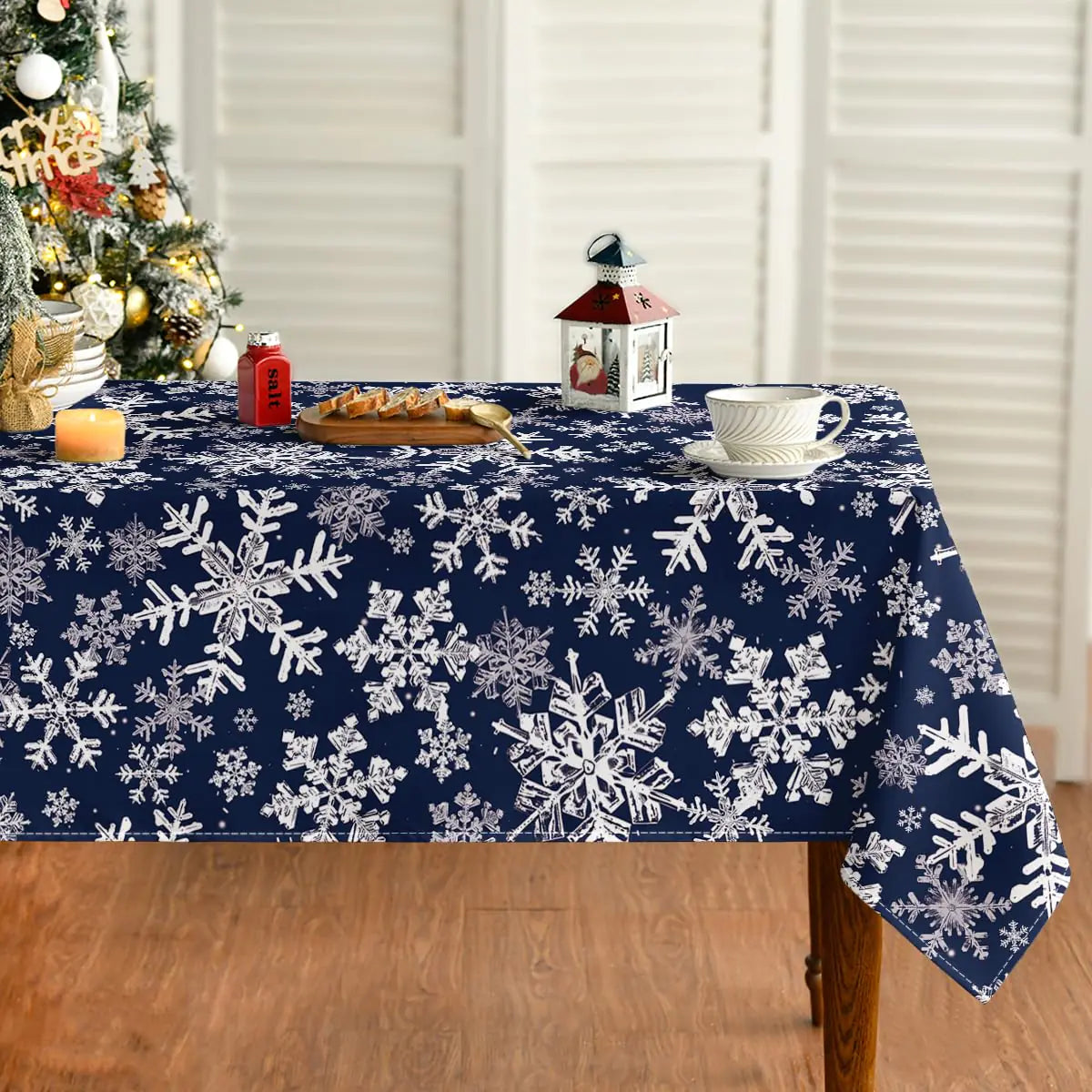 Horaldaily Christmas Tablecloth 52×70 Inch Rectangular Blue Snow Washable Table Cover for Party Picnic Dinner Decor