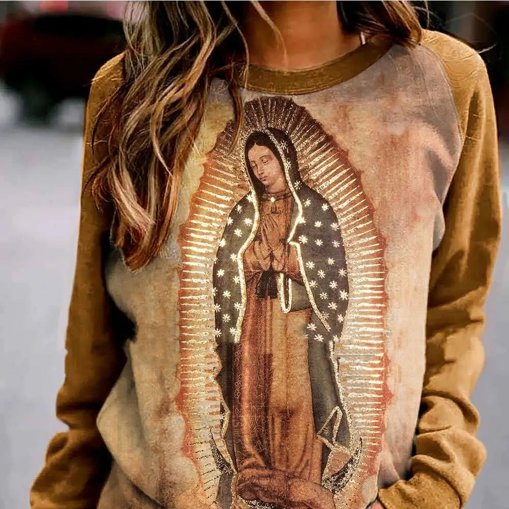 Khaki Women's Sweater with Virgin Mary Print