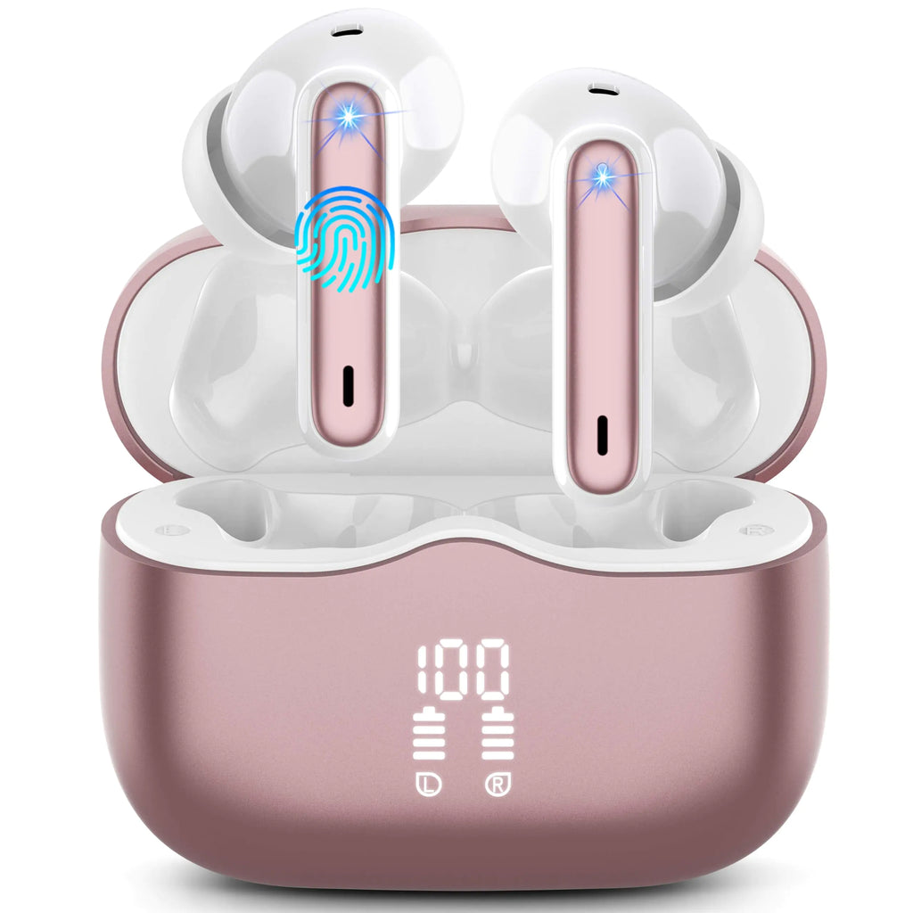 Wireless Earbuds Bluetooth 5.3 Headphones in Ear with HiFi Stereo Deep Bass 4 ENC Noise Cancelling Mic Wireless Earphones 40H Playtime Bluetooth Earbuds Dual LED Display IP7 Waterproof Rose Gold