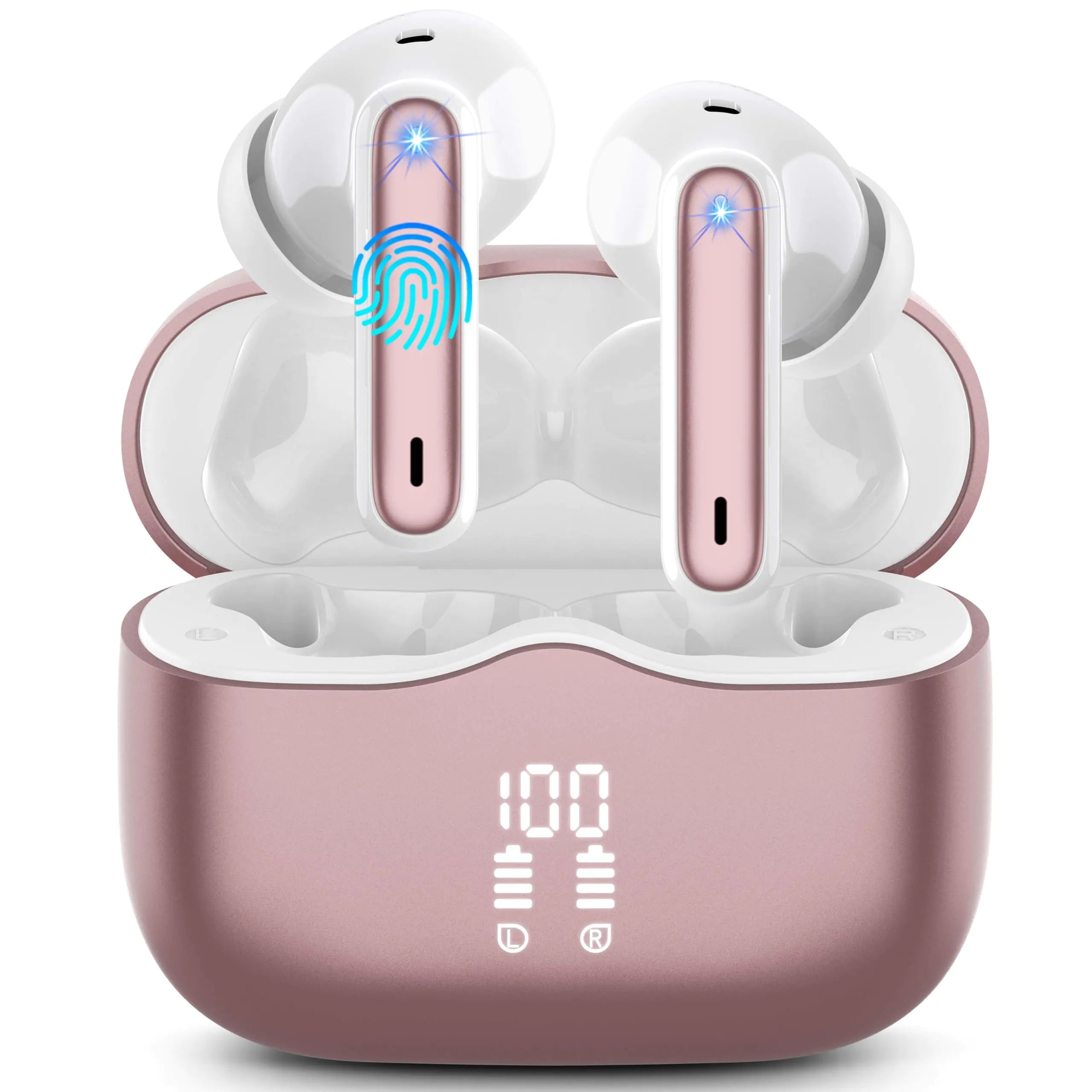 Wireless Earbuds Bluetooth 5.3 Headphones in Ear with HiFi Stereo Deep Bass 4 ENC Noise Cancelling Mic Wireless Earphones 40H Playtime Bluetooth Earbuds Dual LED Display IP7 Waterproof Rose Gold